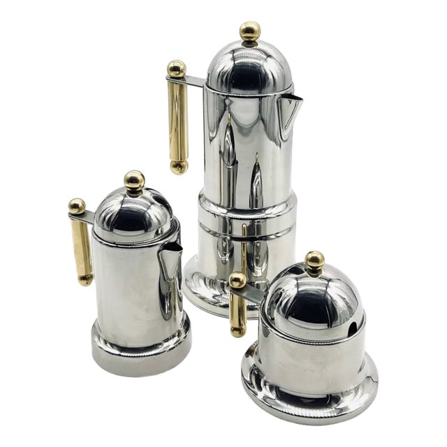 Vintage Coffee Set in Stainless Steel with Gold Finish, 1980s, Set of 3 For Sale