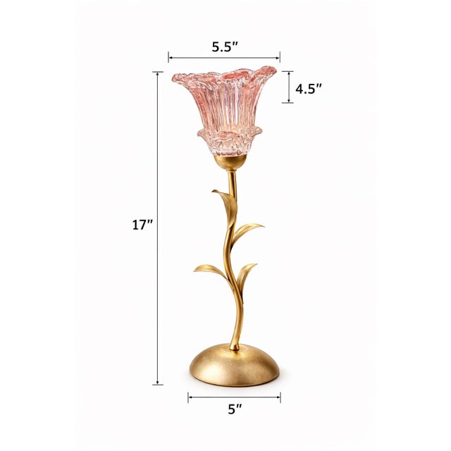 Pink Glass Tulip Accent Table Lamp With Gilded Metal Stem – 17” Tall For Sale In Los Angeles - Image 6 of 7