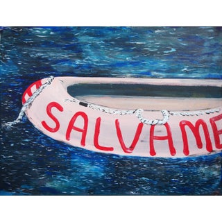 Moisés Villafuerte "Salvame" Blue, Pink, and Red Abstract Contemporary Seascape Painting with Texts, 2022 For Sale