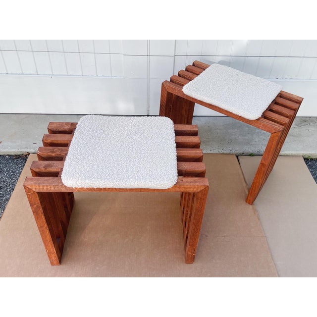 Late 20th Century Scandinavian Modern Pine Slatted Benches With Shearling Cushions - A Pair For Sale - Image 5 of 13