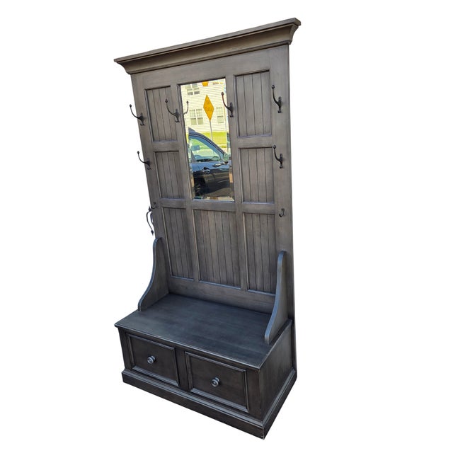 1990s Ethan Allen Logan Hall Tree Seat New Country Bench Coat Rack Trunk Mirror Grey For Sale - Image 5 of 15