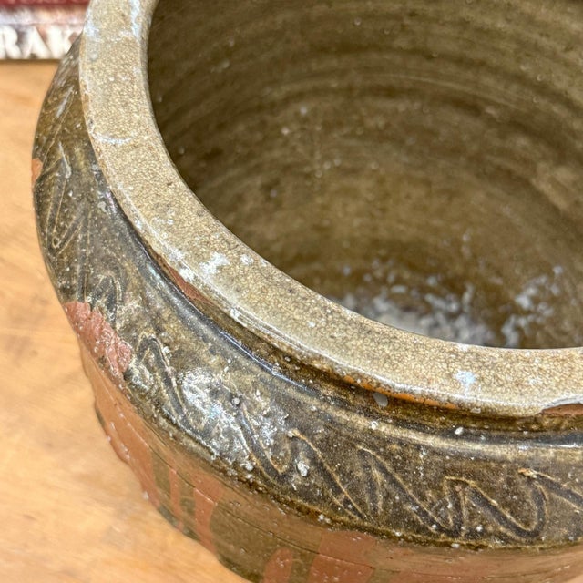 Rustic Brown Pottery Planter Jar with Pattern and Drip Glaze For Sale - Image 12 of 13