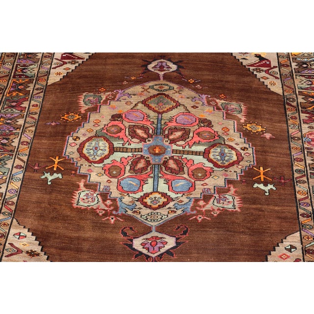 Vintage Turkish Kars Rug With Medallion on a Brown Field With Pops of Color 9'4" X 10'2" For Sale - Image 9 of 10