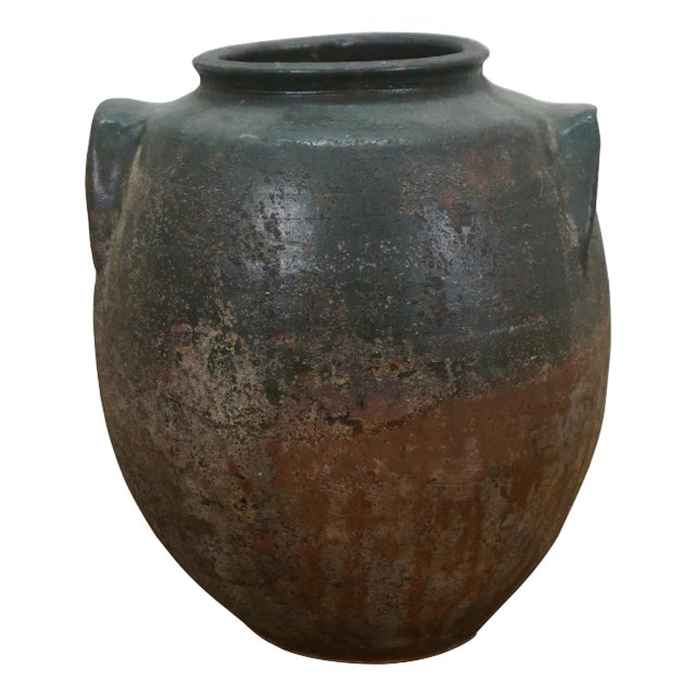 Antique Green & Brown Stoneware Pottery Vase Vessel Crock Pot Urn Jug Jar For Sale