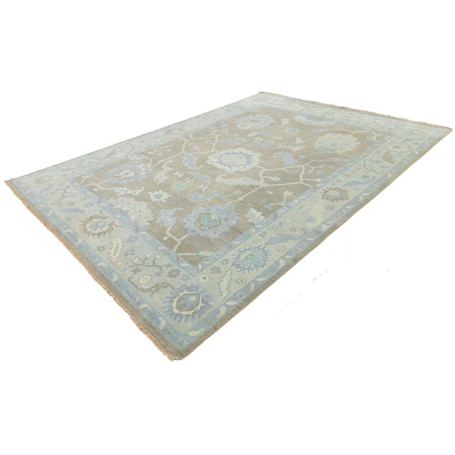 Modern Hand-Knotted Oushak Style Wool Rug in Muted Taupe, Soft Blue, and Seafoam For Sale - Image 9 of 12