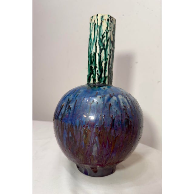 Vintage Large Tall Signed Tom Neugebauer Blue Green Raku Blackware Pottery Vase For Sale - Image 4 of 13