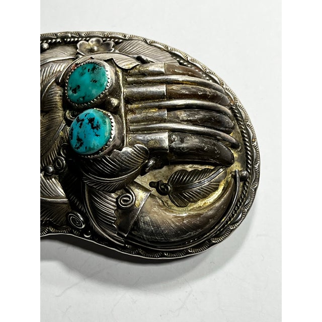 Vintage Native American, Claw Turquoise and Sterling Silver Belt Buckle For Sale - Image 4 of 10