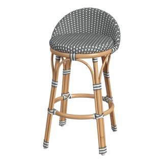Tobias 24.5 in. Seat Height Outdoor Rattan and Metal Low Back Counter Stool, Gray/White Dot / Natural Rattan Frame For Sale