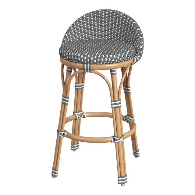 Tobias 24.5 in. Seat Height Outdoor Rattan and Metal Low Back Counter Stool, Gray/White Dot / Natural Rattan Frame For Sale