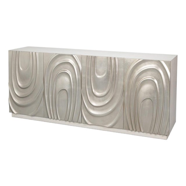 Contemporary Carved Credenza - White Oak with Silver Leaf Doors For Sale