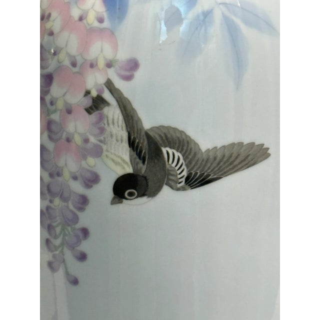 Ceramic Vintage Chinoiserie Fukagawa Porcelain Vase With Sparrow and Wisteria Decoration For Sale - Image 7 of 10