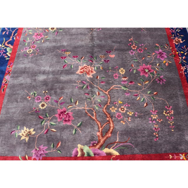 Measures: 9'0 x 10'8 Antique Art Deco Rug in Soft Grey Field with Navy Blue and Red Border. Keivan Woven Arts / rug...