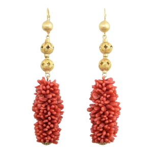 20th Century Long Coral Gold Ball Dangling Earrings - 2 Pieces