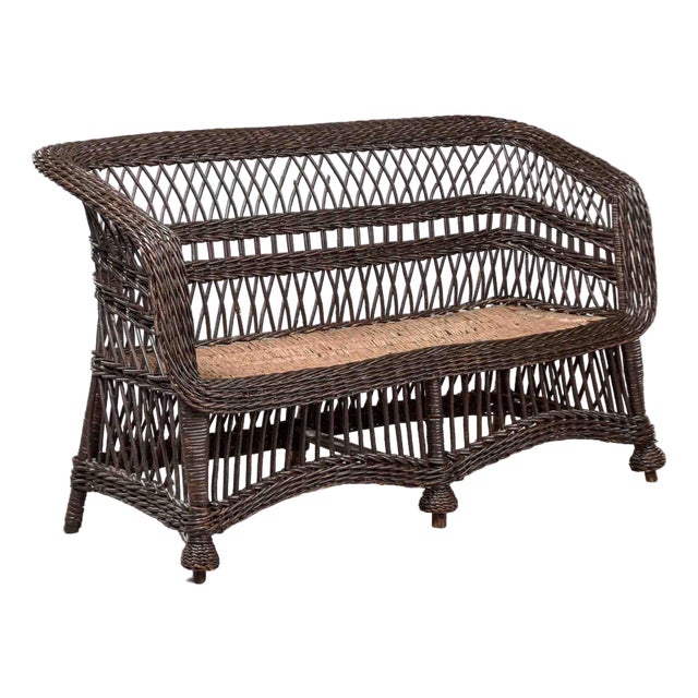 Victorian Wicker Settee With Diamond Lattice Weave For Sale