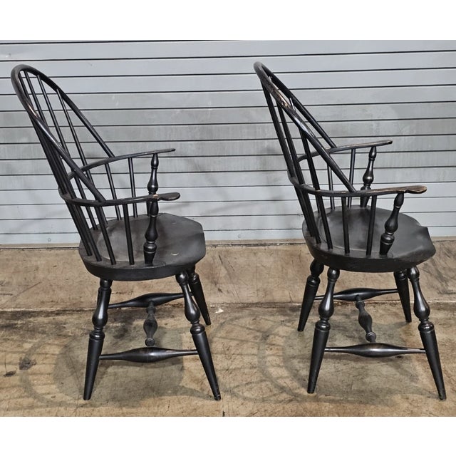 Late 20th Century Pair of Adriance Heritage Sack Back Windsor Arm Chairs Bench Made Black Finish For Sale In Cleveland - Image 6 of 9