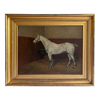 1891 “Grey Hunter in a Loose Box Stall” Antique Equestrian Horse Painting Oil on Canvas by Alfred Grenfell Haigh For Sale