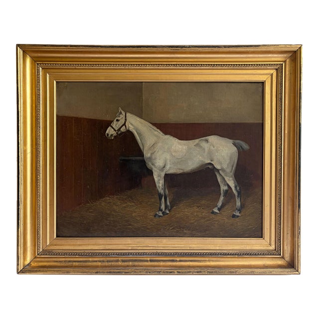1891 “Grey Hunter in a Loose Box Stall” Antique Equestrian Horse Painting Oil on Canvas by Alfred Grenfell Haigh For Sale