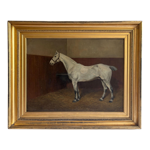 1891 “Grey Hunter in a Loose Box Stall” Antique Equestrian Horse Painting Oil on Canvas by Alfred Grenfell Haigh