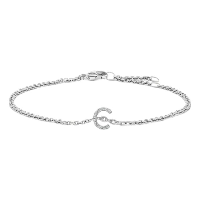 10K White Gold Diamond Accent "C" Initial Charm and Link Bracelet For Sale