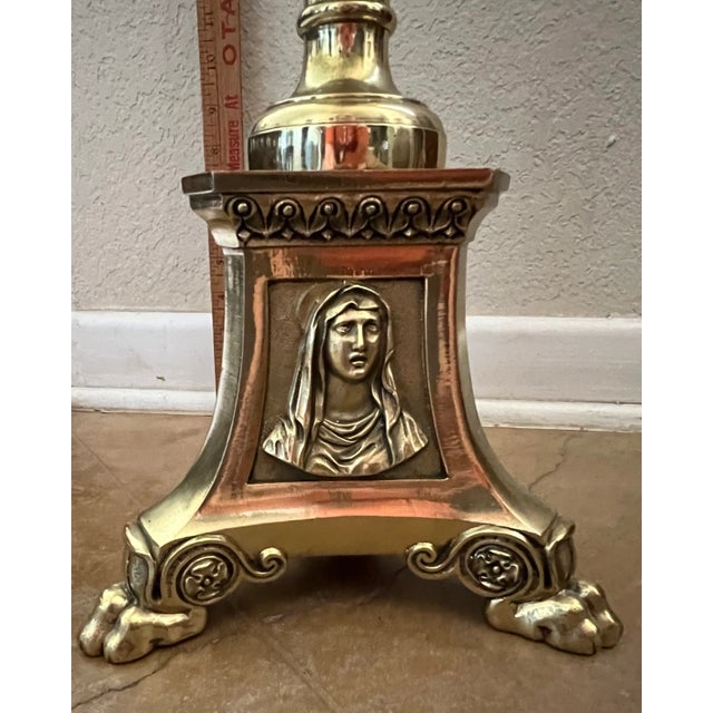 Large church altar brass candle holder. The triangular base is complete with claw feet. This Vintage brass candlestick...