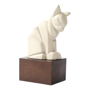 Art Deco Cubist Cat Sculpture in Cream Enamel on Brown Rectilinear Base