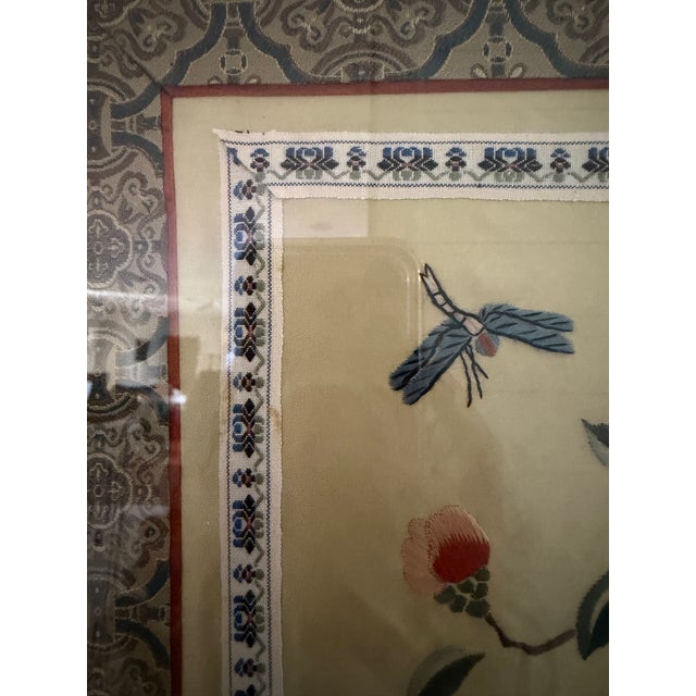 Textile Vintage Framed Chinese Silk Embroidery Panel Featuring Flowers and Dragonfly For Sale - Image 7 of 9
