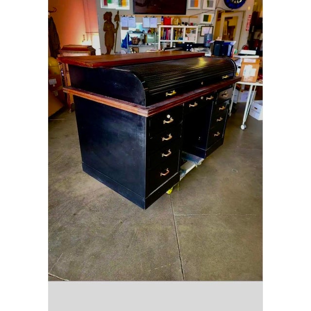 Mid-Century Modern 1950s Industrial Roll-Top Metal Tanker Desk With Brass Detailing For Sale - Image 3 of 7