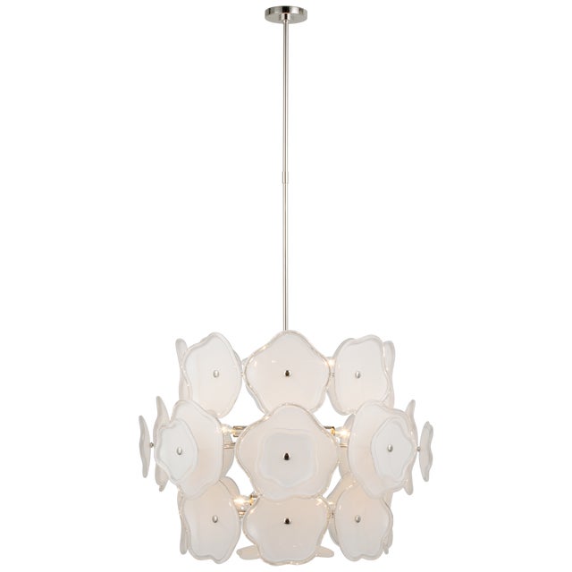 Kate Spade New York for Visual Comfort Signature Leighton Large Barrel Chandelier in Polished Nickel with Cream Tinted Glass For Sale