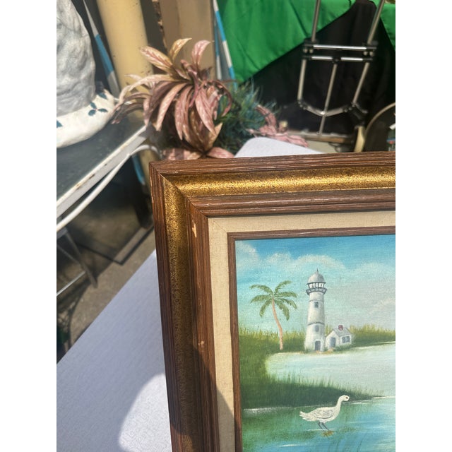 Nautical 1990s Lighthouse and Egrets Seascape Painting on Canvas, Signed by the Artist, Framed For Sale - Image 3 of 9