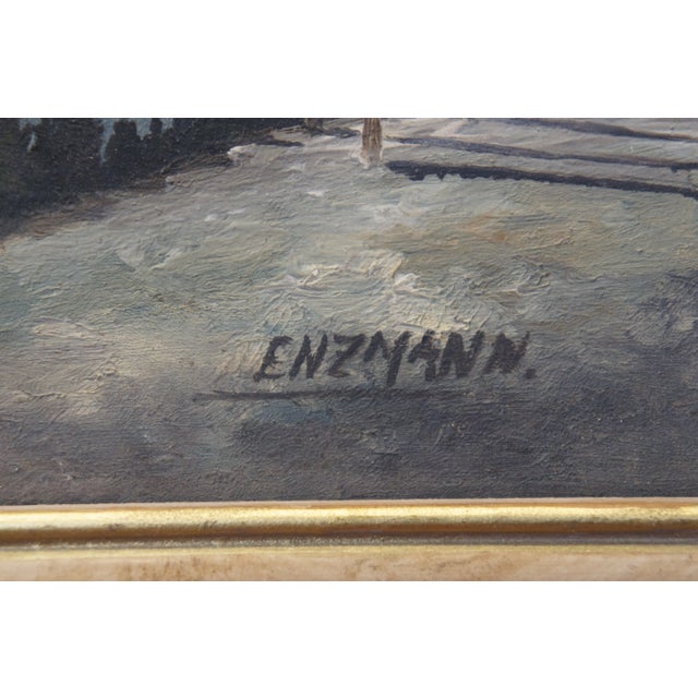 Early 20th Century Vintage Eduard Enzmann Alpine Lake Landscape Oil Painting on Board 19" For Sale - Image 5 of 10