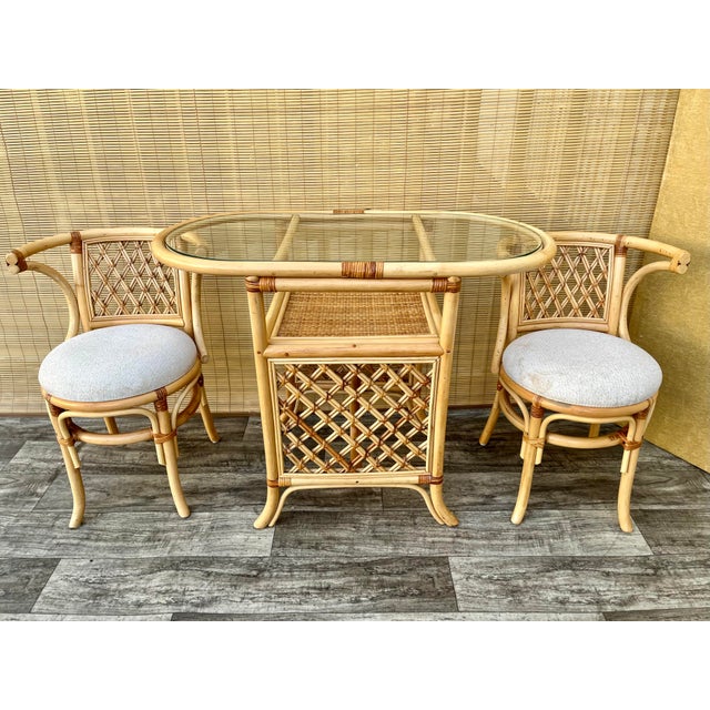 Vintage Coastal Style / Boho Chic Natural Color Rattan and Wicker Two-Seat Breakfast/Dinette Set, Circa 1980s. This...