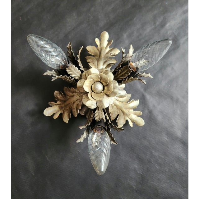 Silver Vintage Florentine Floral Hand-Forged Silver-Plated 3-Light Flush Mount from Banci Firenze, Italy, Florence 1960s, Set of 5 For Sale - Image 8 of 18