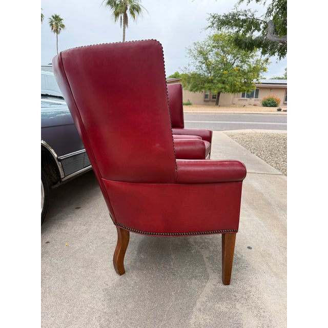Traditional Red Leather Vintage Club Chairs For Sale - Image 3 of 9