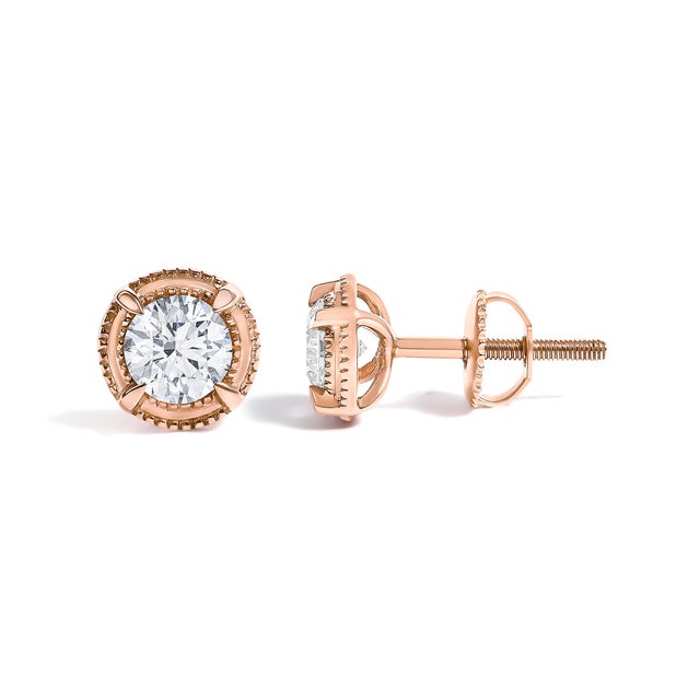 Contemporary 14K Rose Gold Plated .925 Sterling Silver 1.0 Cttw Round Brilliant Cut Diamond Solitaire Milgrain Stud Earrings (K-L Color, I2-I3 Clarity) For Sale - Image 3 of 6