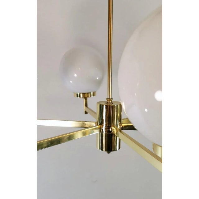 Late 20th Century Stilnovo Italian Vintage Brass Chandelier, Opaline Glass Spheres For Sale - Image 5 of 13