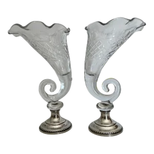 Pair of Vintage Cut Glass Cornucopia Vases With Sterling Silver Weighted Bases