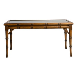 1970s Faux Bamboo & Rattan Coffee Table With Glass Top For Sale
