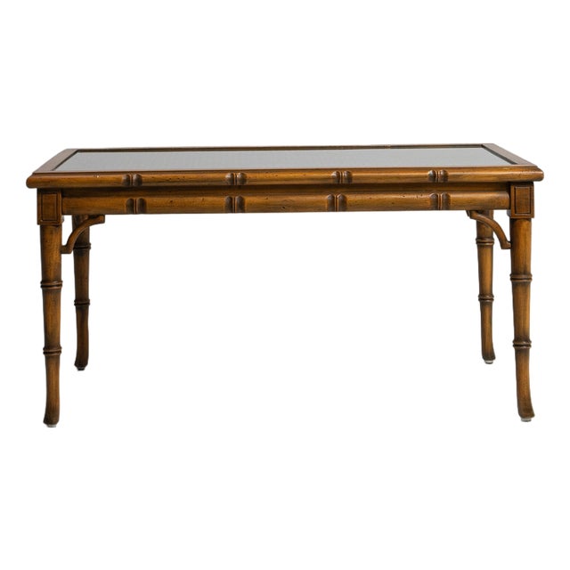 1970s Faux Bamboo & Rattan Coffee Table With Glass Top For Sale