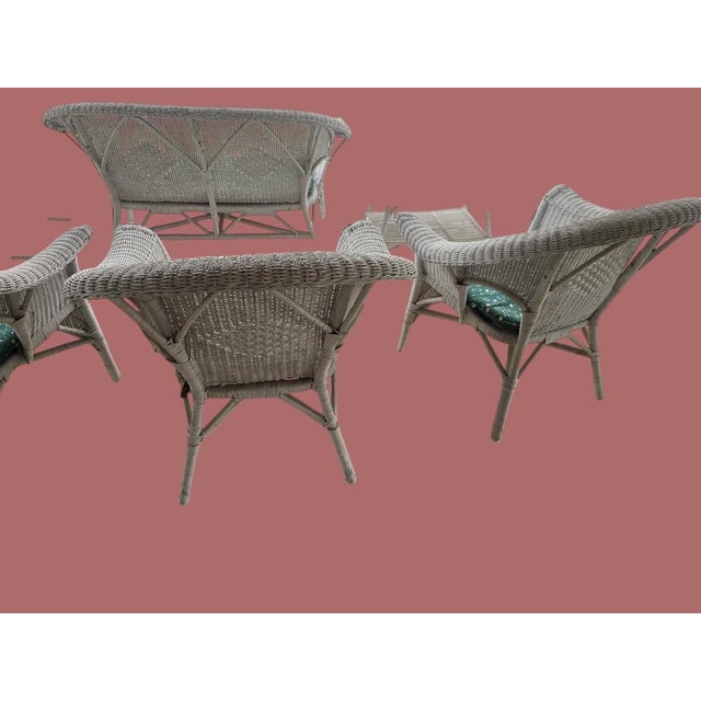 Wood Vintage Coastal White Wicker 7-Piece Conversation Set With Loveseat, Four Chairs & Glass Top Tables For Sale - Image 7 of 11