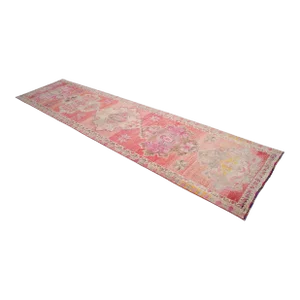 1970s Runner Turkish Hand-Knotted Rug Pink Hallway Decor