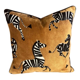 Zebra Themed Dark Gold and Black Velvet Whimsical Pillow For Sale