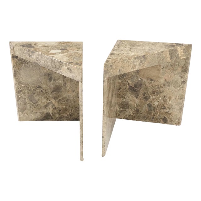 Pair Midcentury Marble Onyx Triangle Shape End Side Tables Night Stands Mint! For Sale