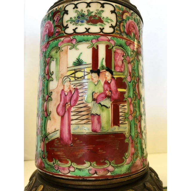 Early 20th Century Antique Asian Chinoiserie Style Hand Painted Porcelain and Bronze Oil Lamps Converted to Electric - a Pair For Sale - Image 11 of 13