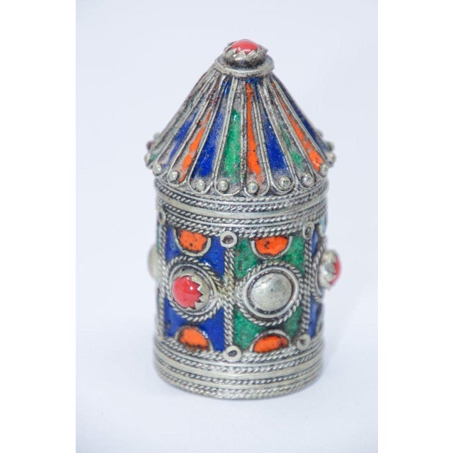 Antique Kabyle Berber Silver & Enamel Kohl Jewelry Box, Algeria, Circa 1920s For Sale - Image 11 of 17