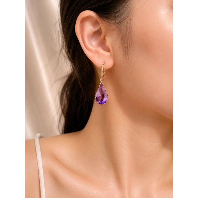 Art Deco Late 20th Century 18K White Gold Diamond Amethyst Dangle Drop Earrings, Pair For Sale - Image 3 of 3