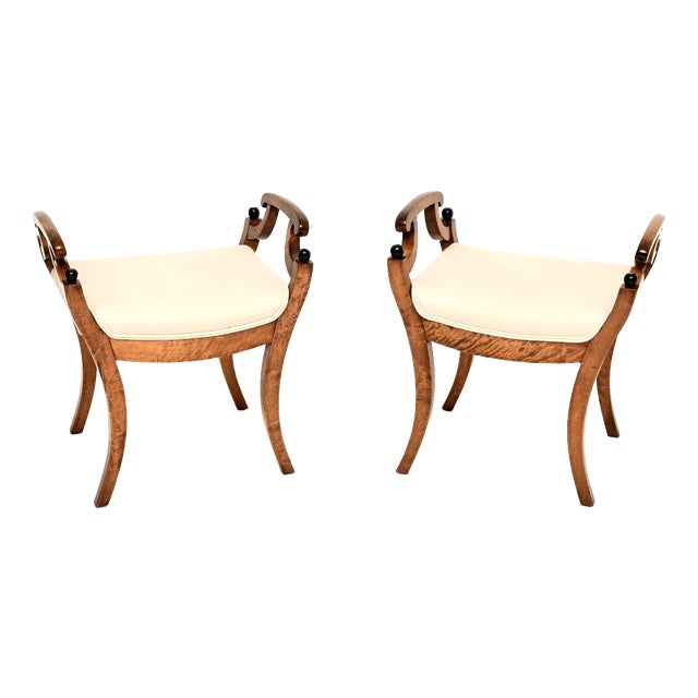 Antique Biedermeier Swedish Satin Birch Stools, 1890, Set of 2 For Sale