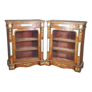 Rare Burled Walnut and Porcelain Plaques and Bronze Ormolu - A Pair For Sale