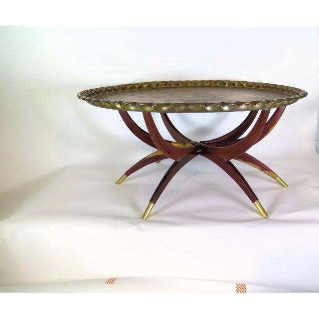 Carlo Di Carlo Italian 6 Leg Spider Leg Juniper Wood Table W/Heavy Brass Moroccan Top Attributed to Carlo Di Carli For Sale In Boise - Image 6 of 7