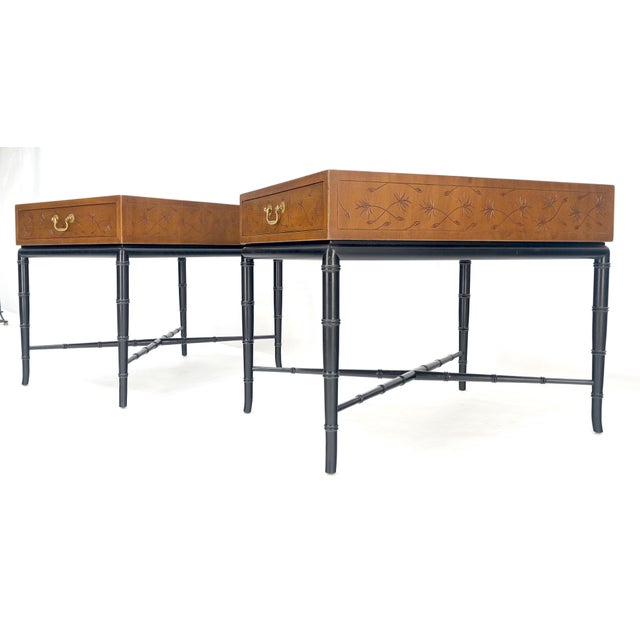 Mid 20th Century Pair of Kittinger Faux Bamboo Tapered Horn Shape Legs One Drawer End Tables MINT For Sale - Image 5 of 18