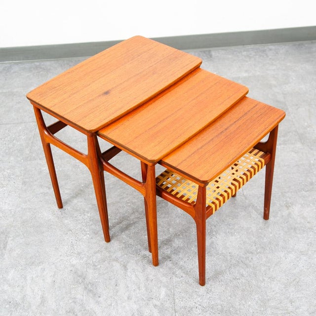 Mid Century Danish Modern Nesting Tables Solid Teak Set 3 Denmark Cane Vintage For Sale - Image 9 of 12